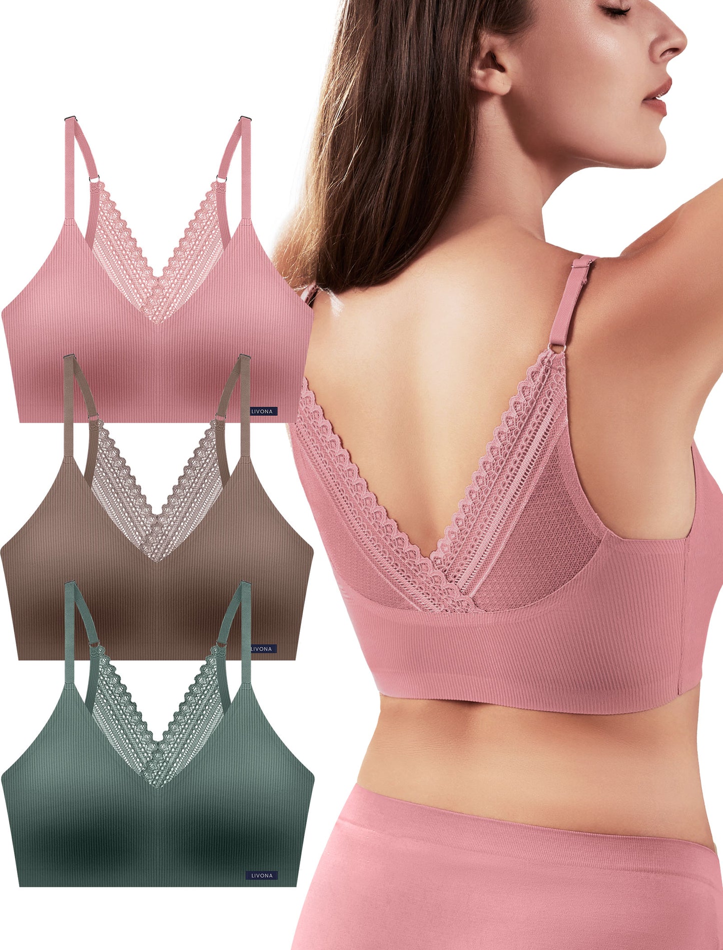 Livona Lace Bralette for Women - Comfort Sports Bra Wireless Padded Bralette with Support Workout Tops Cami Crop S-XXL
