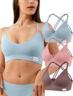 4Leezy Sports Bras for Women - 3 Pack Ribbed Wireless Soft Workout Tops Padded Bralettes Racerback Comfort Cami Crop S-XXL