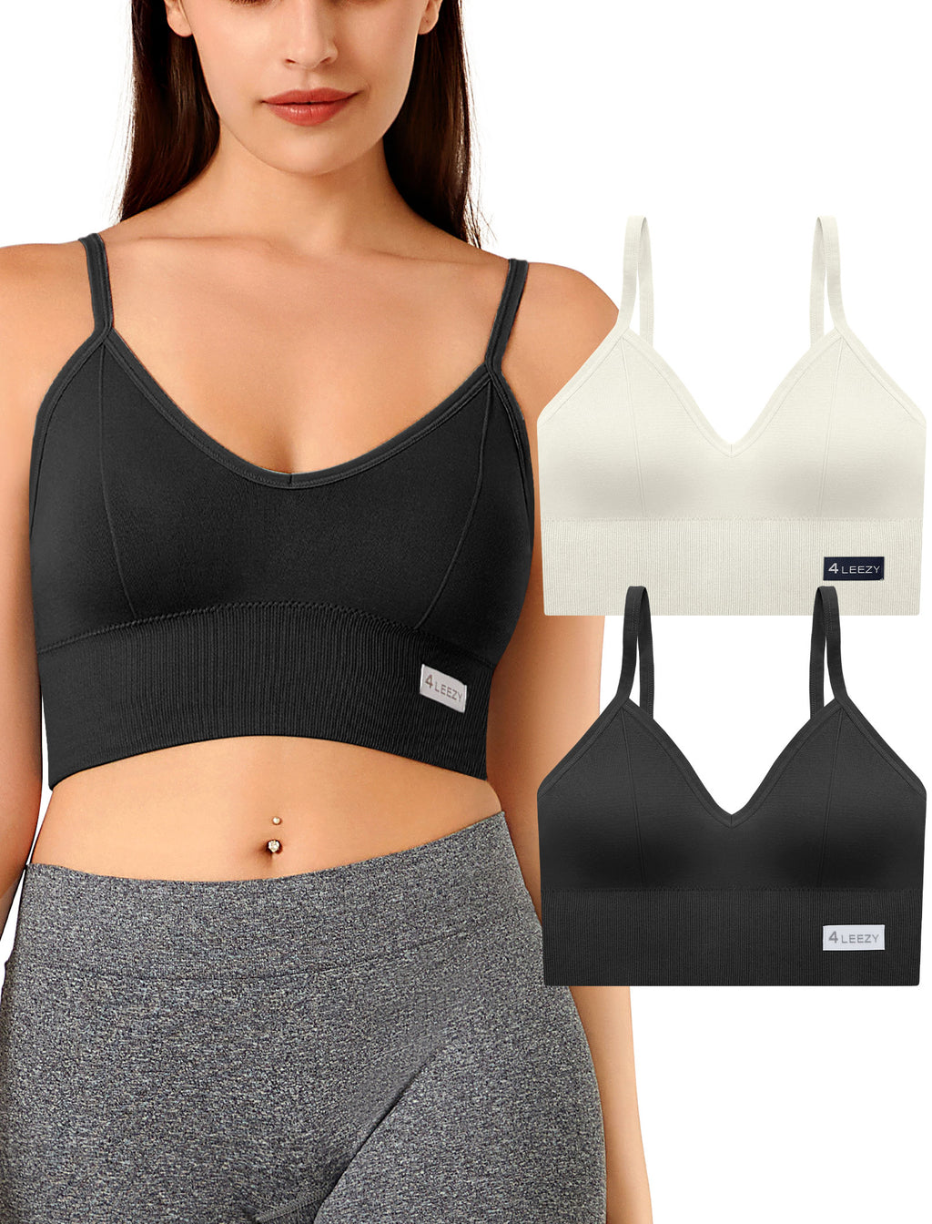 4Leezy 2 Pack Sports Bras for Women- Wireless Soft Workout Tops, Padded Seamless Fitness Bralettes, Adjustable Comfort Crop Cami Tank S-XXL