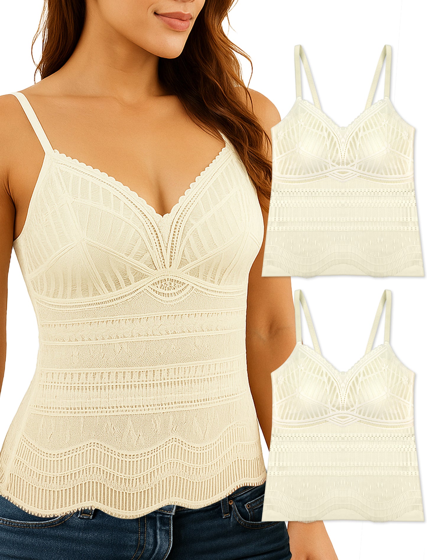 Livona Women's Lace Camisole with Built-in Bra, Wireless Comfort, Adjustable Spaghetti Straps – Soft Padded Tank Top