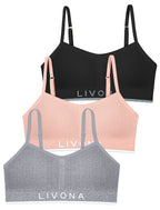 Livona 3 Pack Training Bras for Girls-Sports Bra for Teen Ribbed Wireless Bralette Fitness Padded Crop Cami Tank Top(6-14)