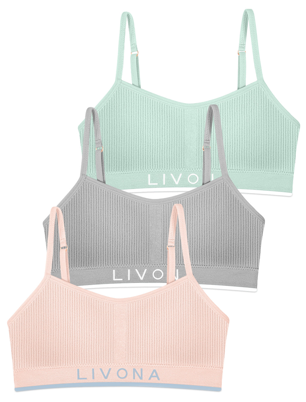 Livona 3 Pack Training Bras for Girls-Sports Bra for Teen Ribbed Wireless Bralette Fitness Padded Crop Cami Tank Top(6-14)