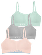 Livona 3 Pack Training Bras for Girls-Sports Bra for Teen Ribbed Wireless Bralette Fitness Padded Crop Cami Tank Top(6-14)