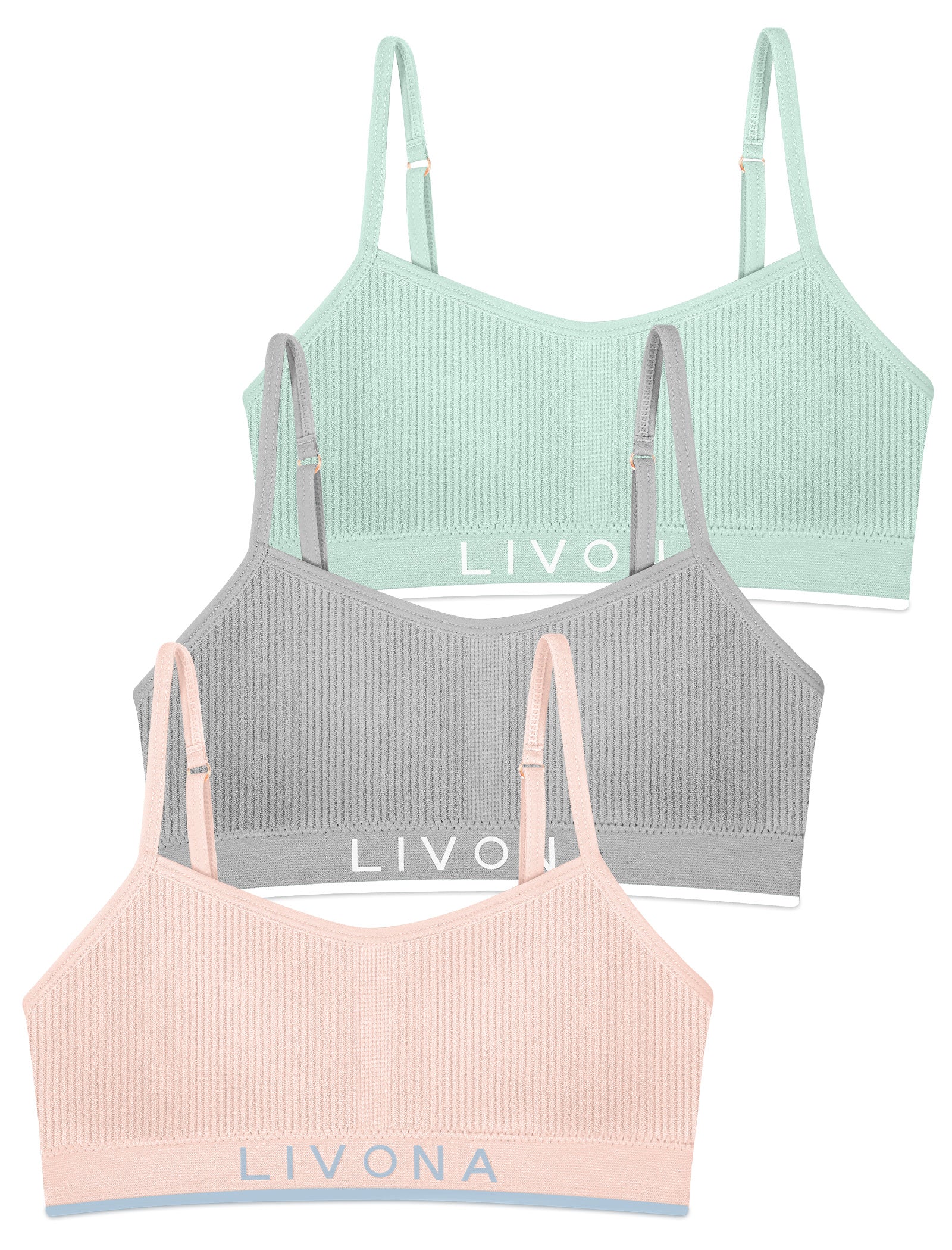 Livona 3 Pack Training Bras for Girls-Sports Bra for Teen Ribbed Wireless Bralette Fitness Padded Crop Cami Tank Top(6-14)