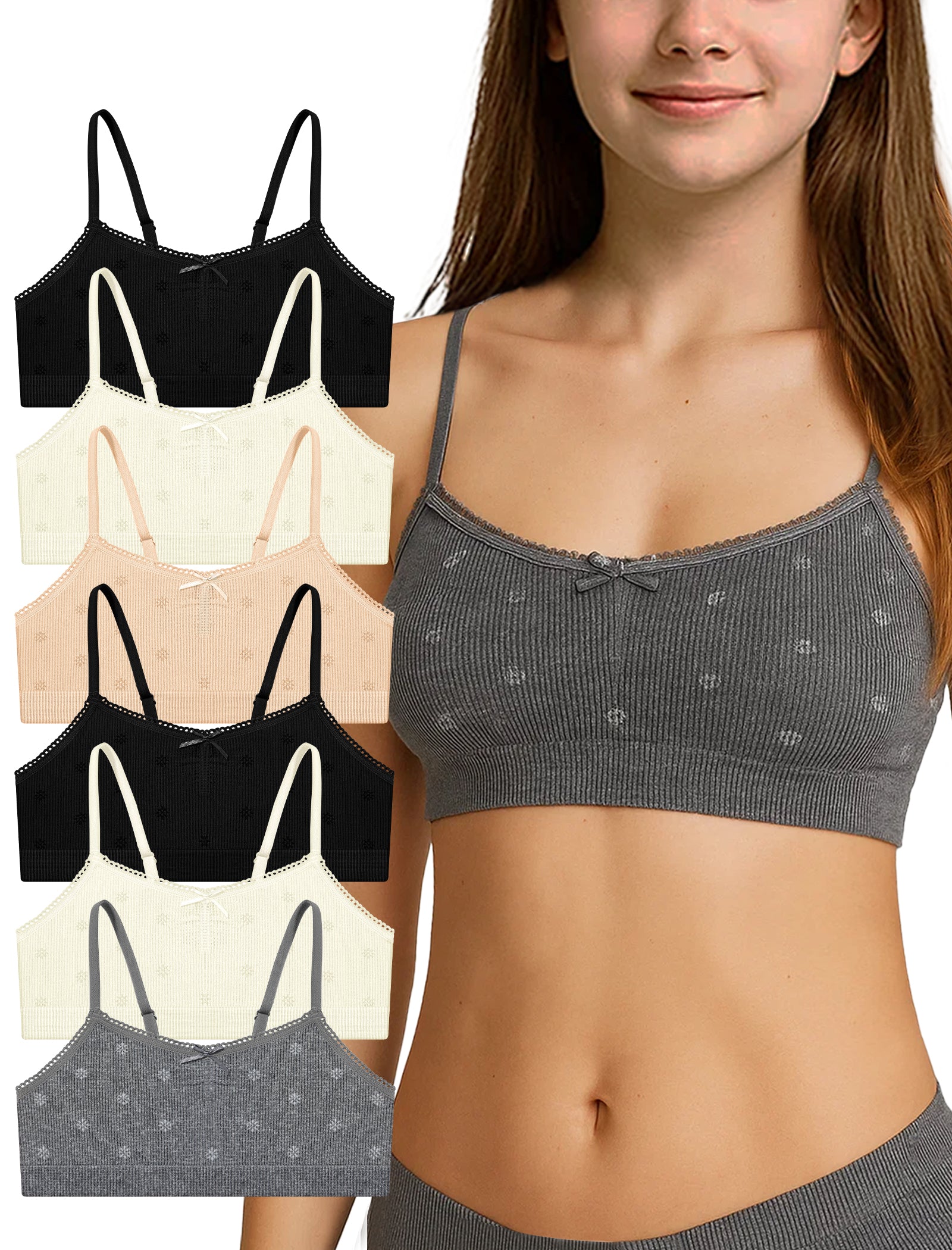 Livona 6 Pack Seamless Girls Bralette – Soft Ribbed & Jacquard Design, No Padding – Effortless Comfort & Style