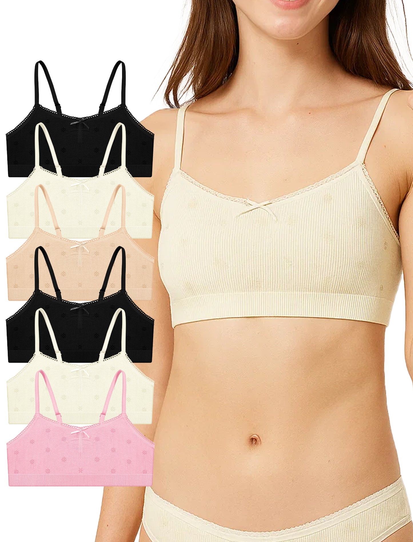Livona 6 Pack Seamless Girls Bralette – Soft Ribbed & Jacquard Design, No Padding – Effortless Comfort & Style