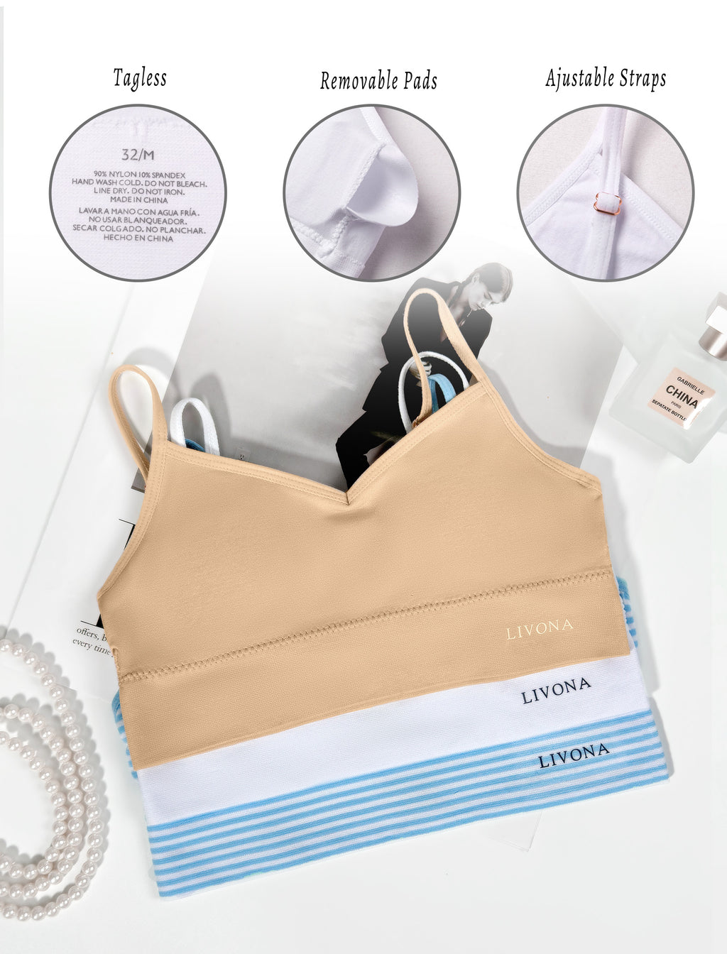 Livona 3 Pack Training Bras for Girls-Sports Bra, Fitness Bra, Padded Everyday Bra Bralette,Crop Cami Tank Top (6-14)