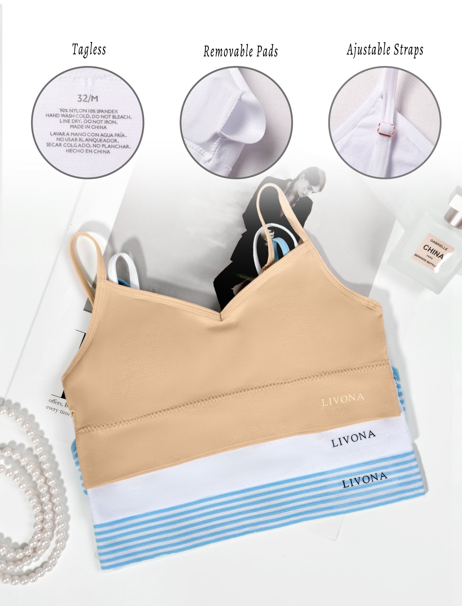 Livona 3 Pack Training Bras for Girls-Sports Bra, Fitness Bra, Padded Everyday Bra Bralette,Crop Cami Tank Top (6-14)