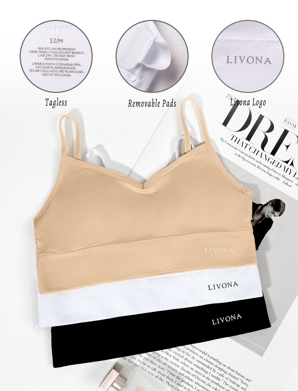 Livona 3 Pack Training Bras for Girls-Sports Bra, Fitness Bra, Padded Everyday Bra Bralette,Crop Cami Tank Top (6-14)