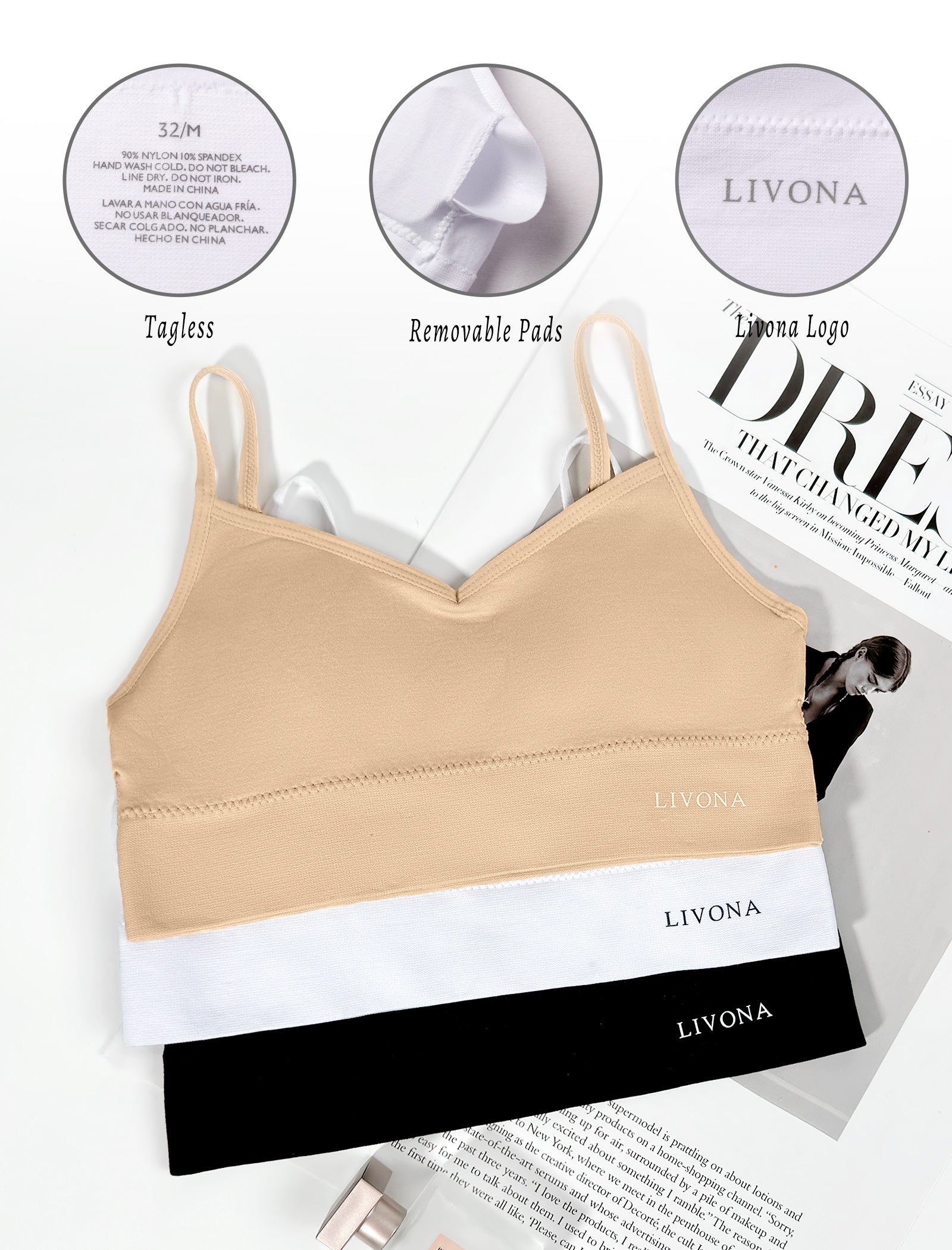 Livona 3 Pack Training Bras for Girls-Sports Bra, Fitness Bra, Padded Everyday Bra Bralette,Crop Cami Tank Top (6-14)