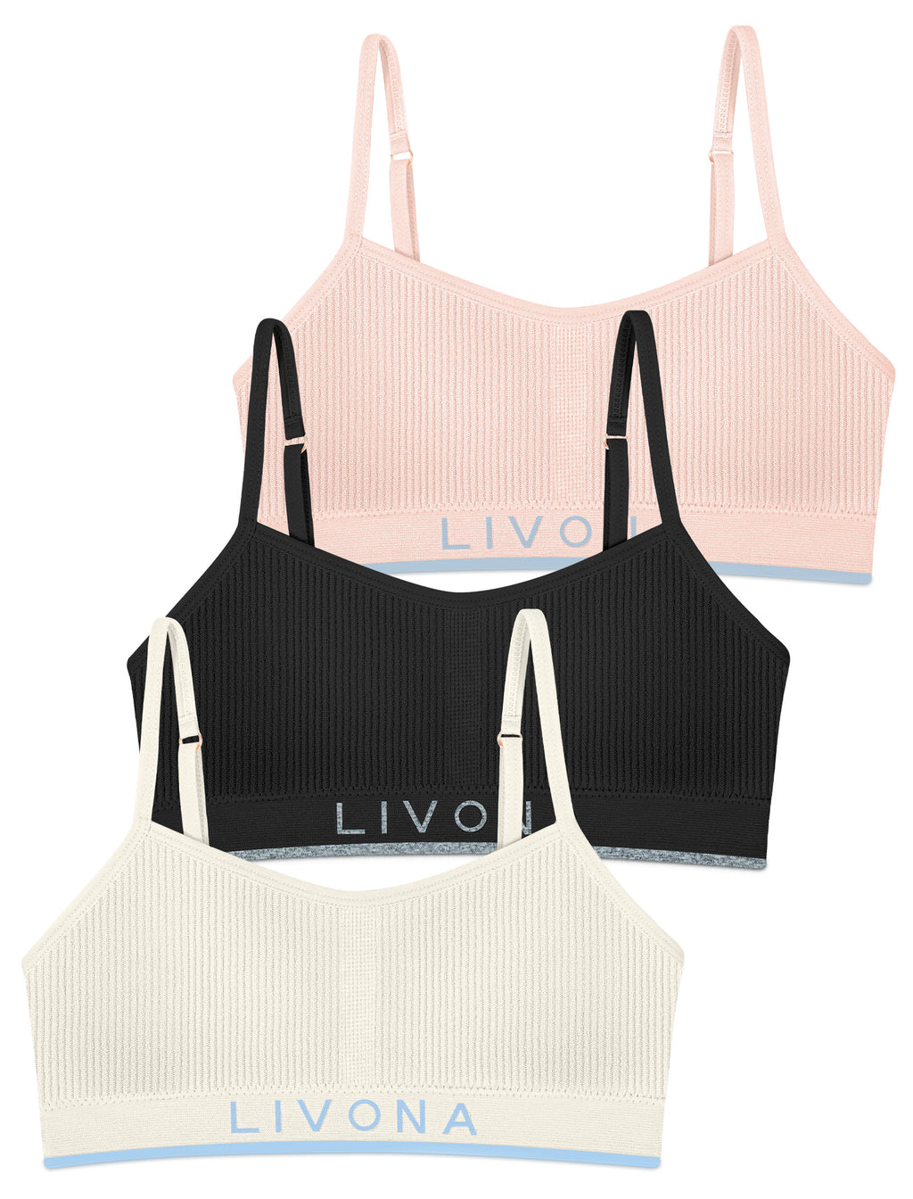 Livona 3 Pack Training Bras for Girls-Sports Bra for Teen Ribbed Wireless Bralette Fitness Padded Crop Cami Tank Top(6-14)