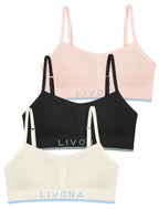 Livona 3 Pack Training Bras for Girls-Sports Bra for Teen Ribbed Wireless Bralette Fitness Padded Crop Cami Tank Top(6-14)