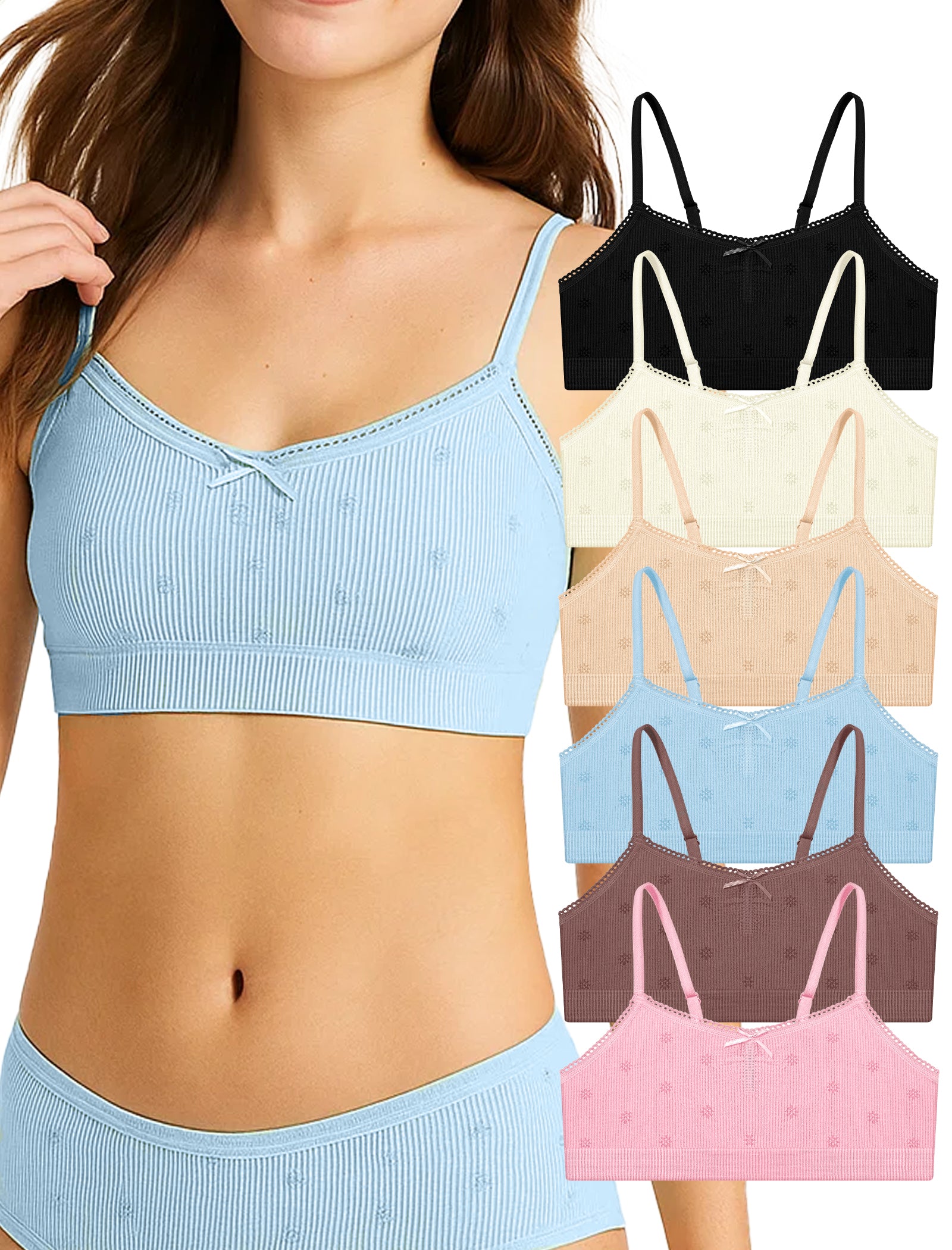 Livona 6 Pack Seamless Girls Bralette – Soft Ribbed & Jacquard Design, No Padding – Effortless Comfort & Style