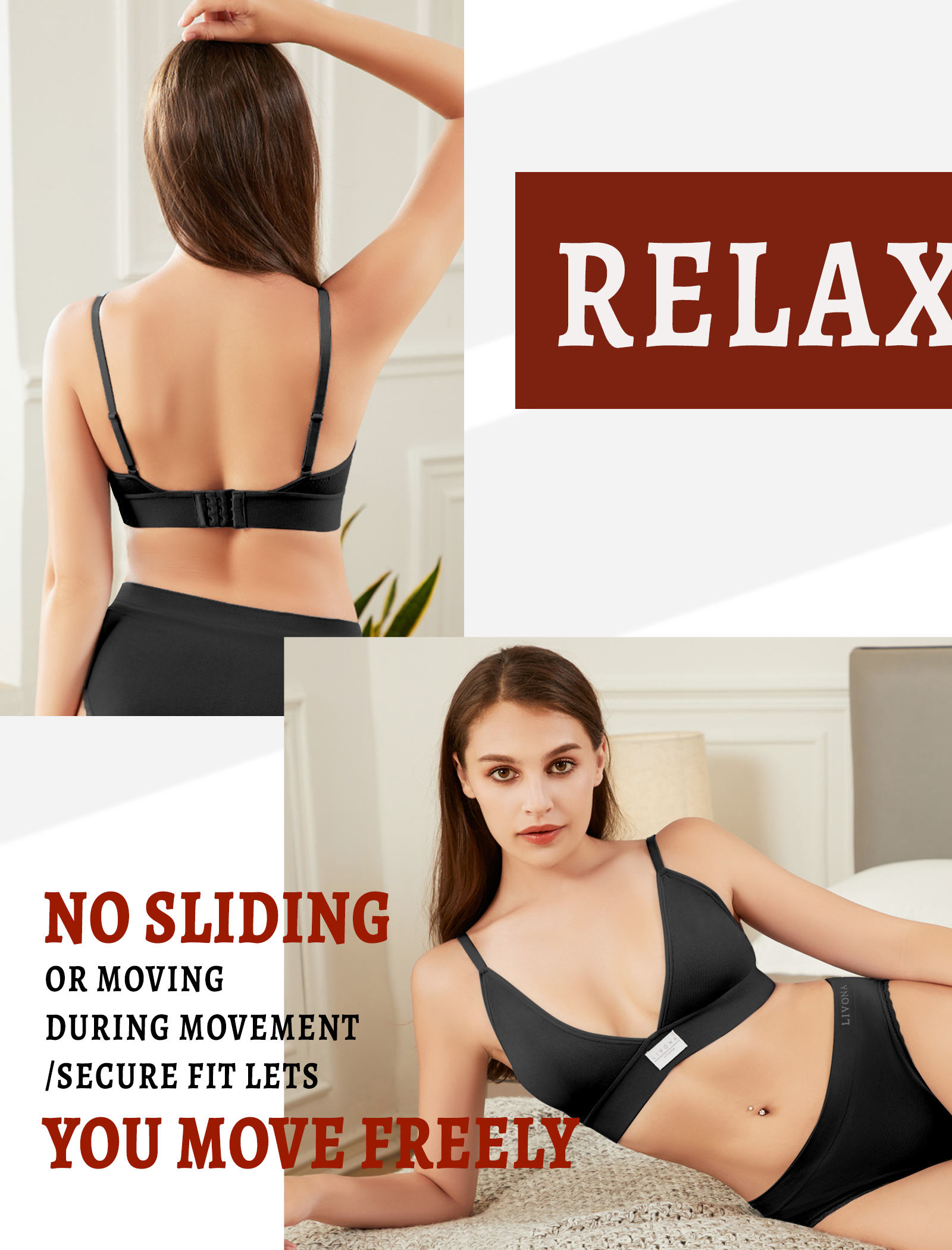 Livona 3 Pack Sports Bras for Women - V-Neck Wireless Bralettes with Support Comfort Plunge Padded Fitness Cami Crop S-XXL