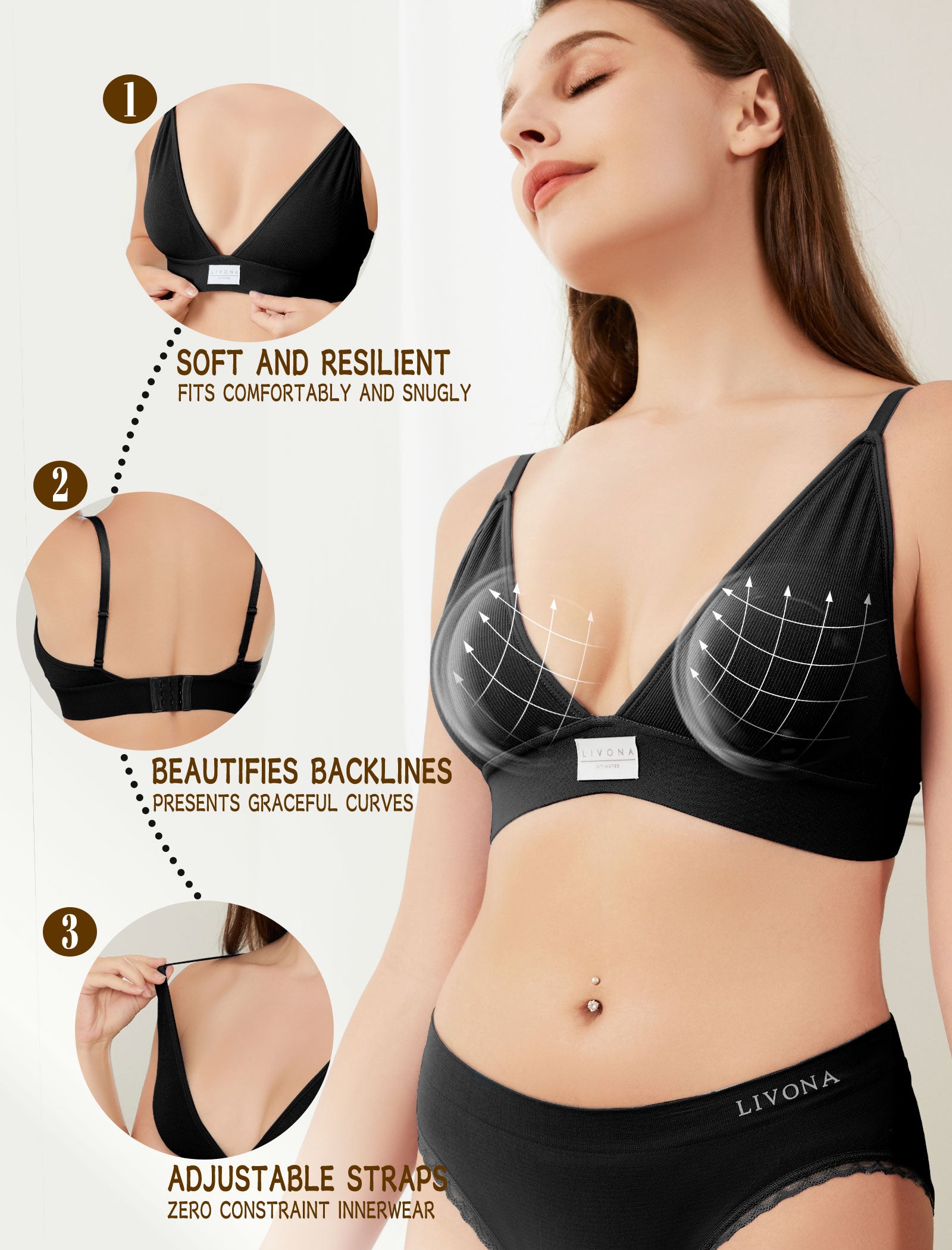 Livona 3 Pack Sports Bras for Women - V-Neck Wireless Bralettes with Support Comfort Plunge Padded Fitness Cami Crop S-XXL