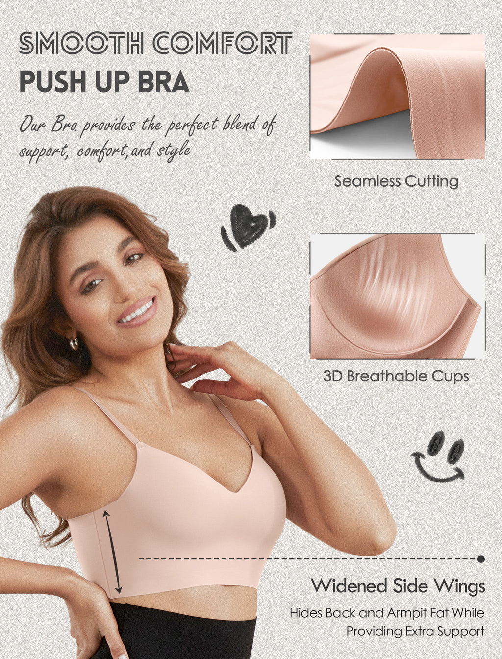 Women's Seamless Push Up Bra Longline Wireless Padded Bralettes with Support Lift Plunge T-Shirt/Tank Top Bras