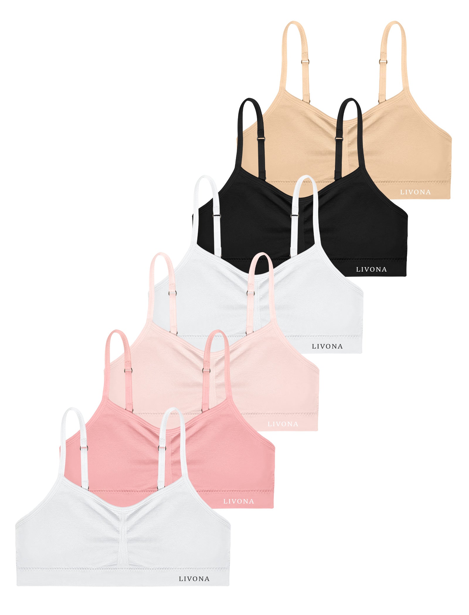 Livona 6 Pack Popular Girls Padded Training Bra Pack – Crop Cami Training Bras for Girls,Seamless Bra Design with Removable Padding