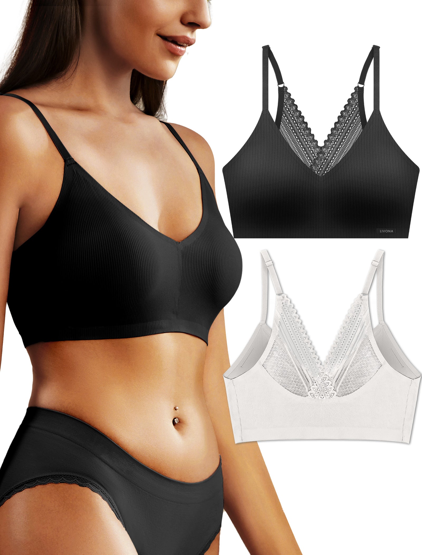 Livona Wireless Bras for Women - 2 Pack Comfort Bralettes with Support Adjustable Seamless Sports Bras Lace Cami Crop S-XXL