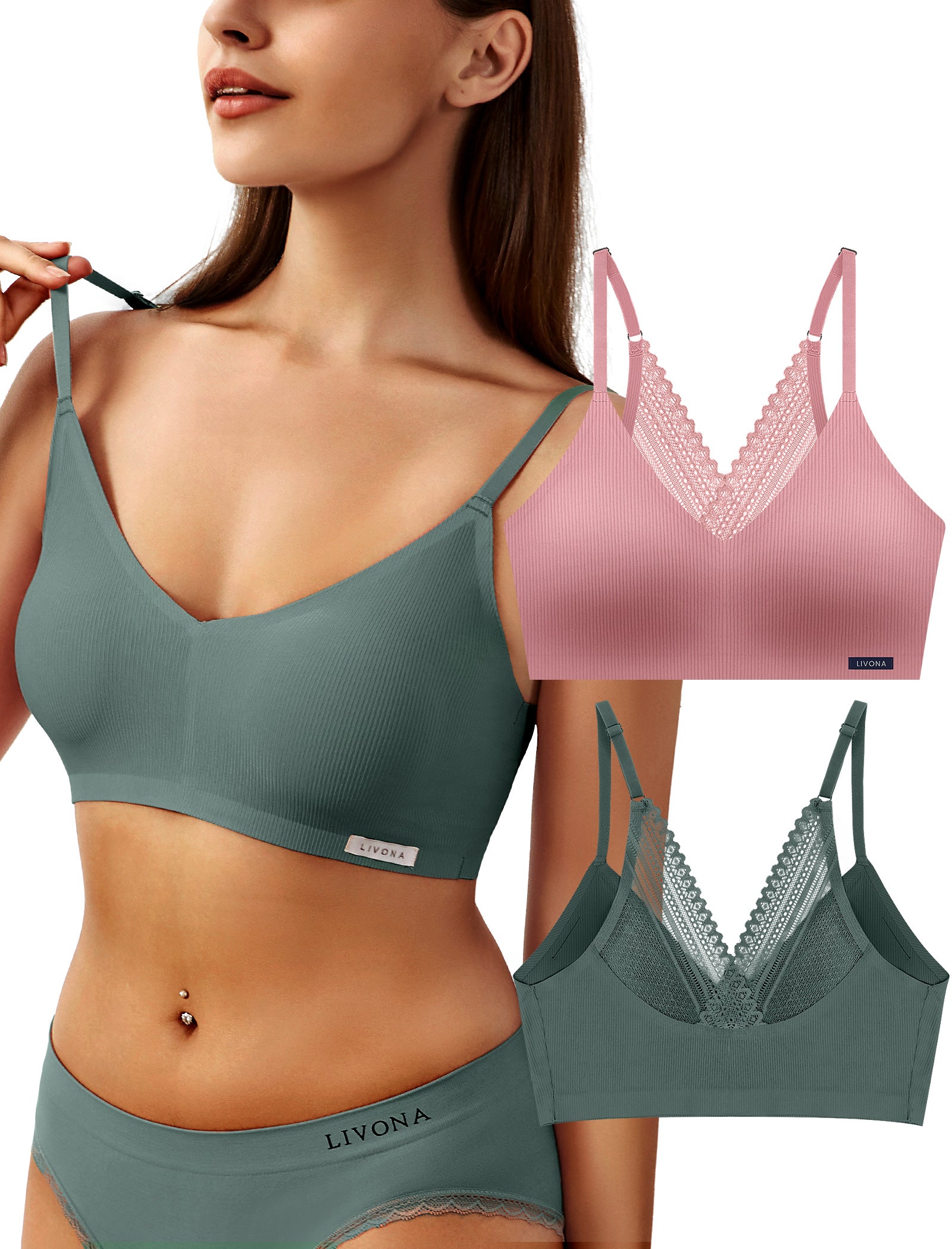 Livona Wireless Bras for Women - 2 Pack Comfort Bralettes with Support Adjustable Seamless Sports Bras Lace Cami Crop S-XXL