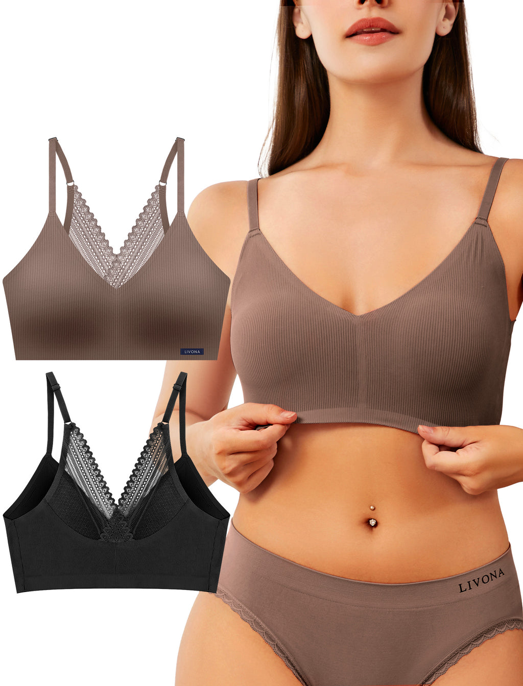 Livona Wireless Bras for Women - 2 Pack Comfort Bralettes with Support Adjustable Seamless Sports Bras Lace Cami Crop S-XXL