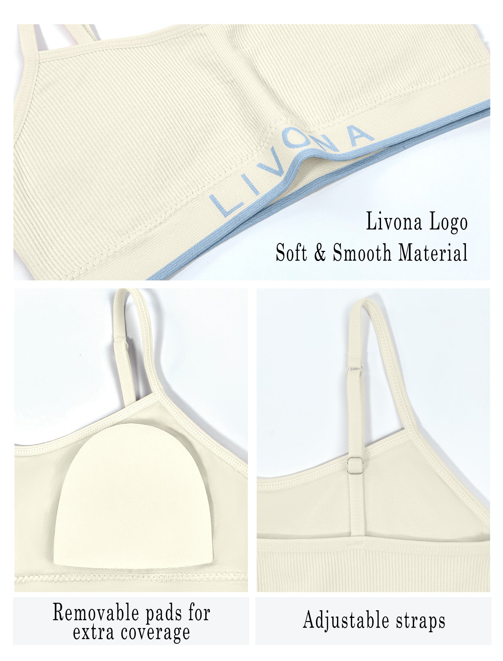 Livona 6 Pack Training Bras for Girls-Sports Bra for Teen Ribbed Wireless Bralette Fitness Padded Crop Cami Tank Top(6-14)