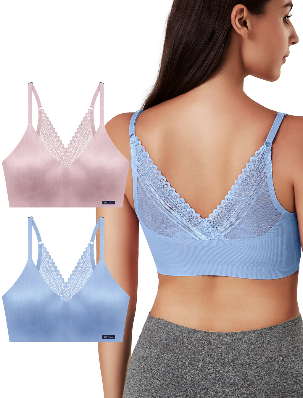 Livona Wireless Bras for Women - 2 Pack Comfort Bralettes with Support Adjustable Seamless Sports Bras Lace Cami Crop S-XXL