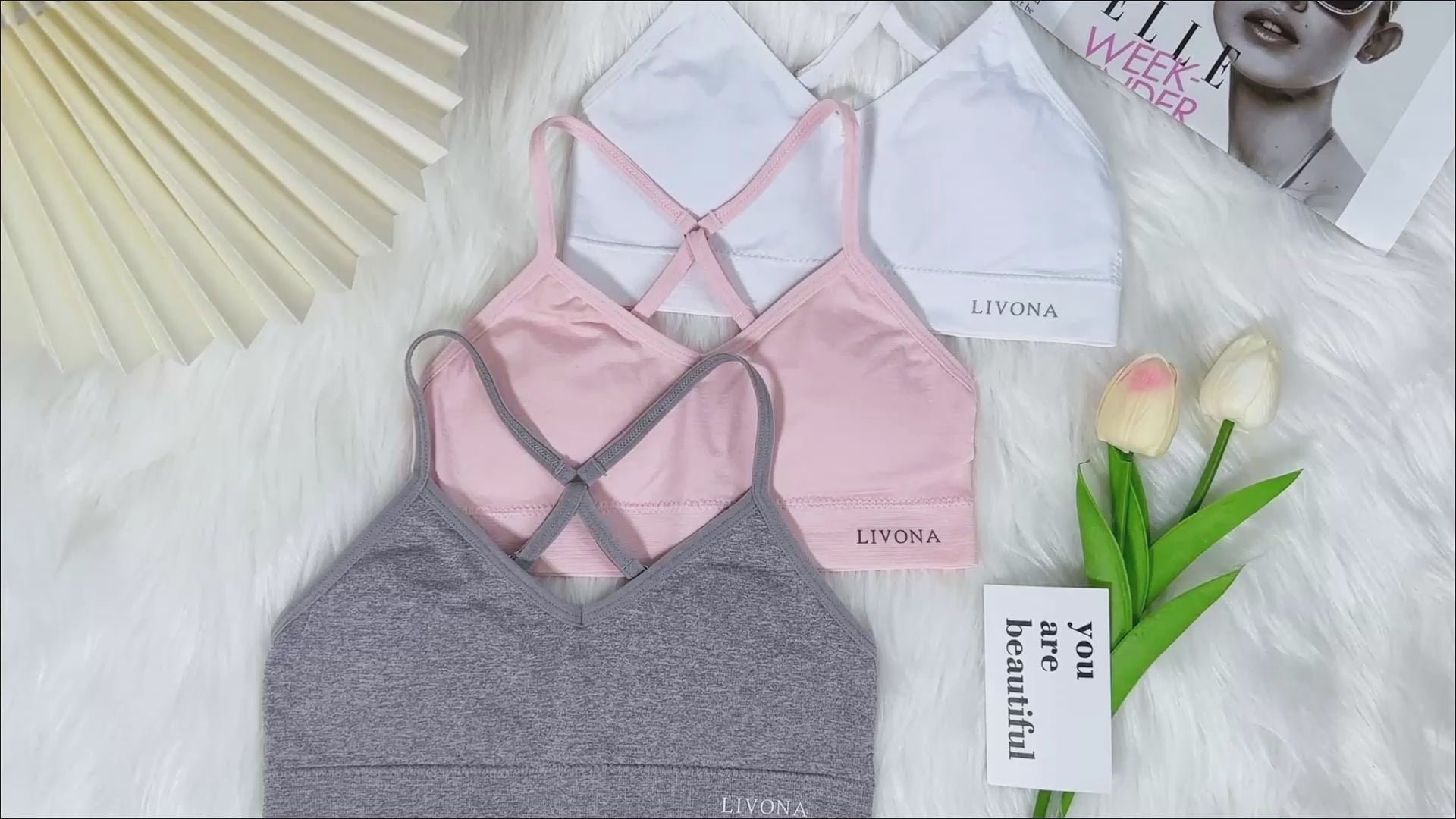 Livona Racerback Training Bra for Girls- 6 Pack Seamless Sports Bra, Padded Everyday Bra Bralette,Crop Cami Tank Top (6-14)