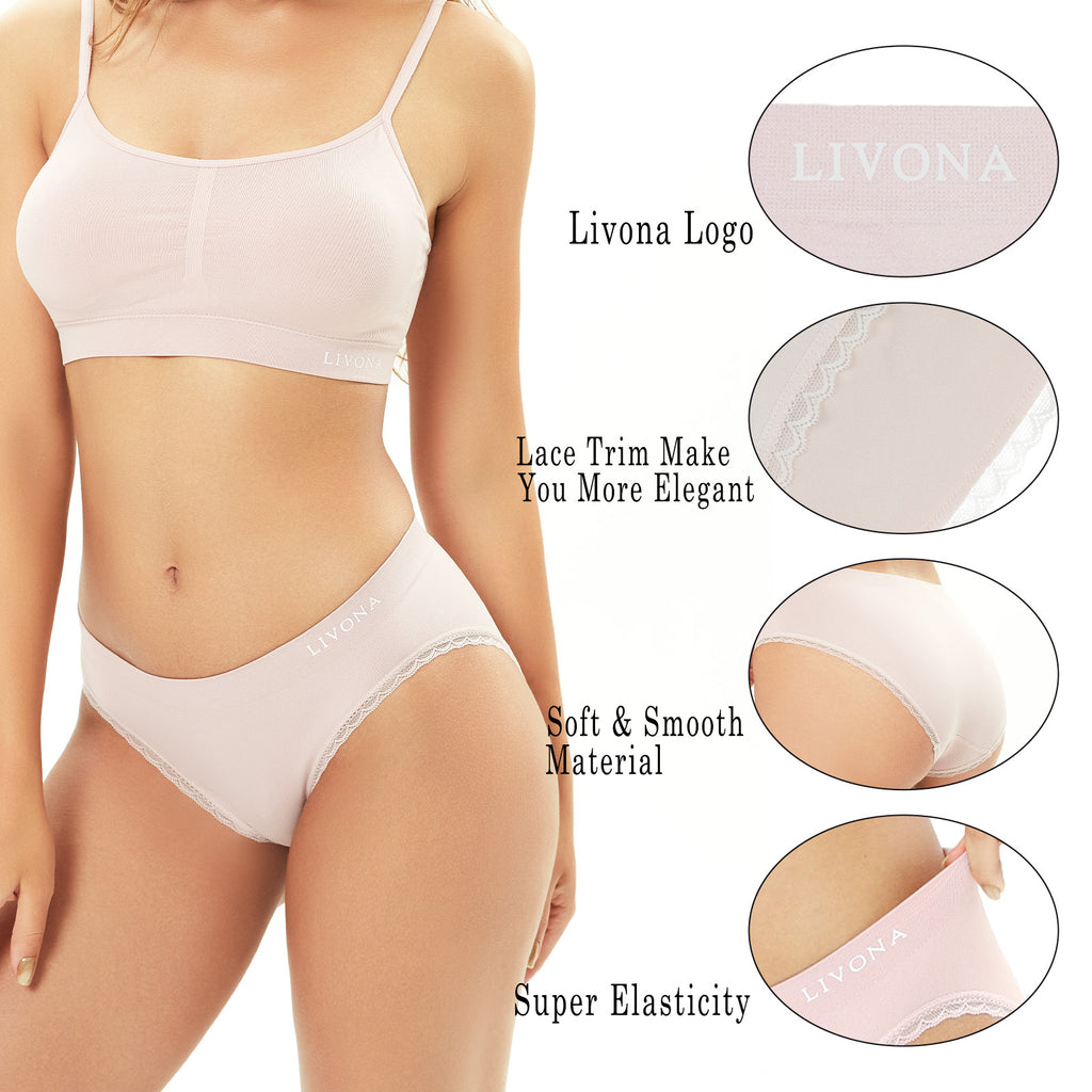 Livona 6 Pack Women's Seamless Underwear with lace-Breathable High Cut Bikini NoShow Panty Soft Stretch Brief Invisible Hipster