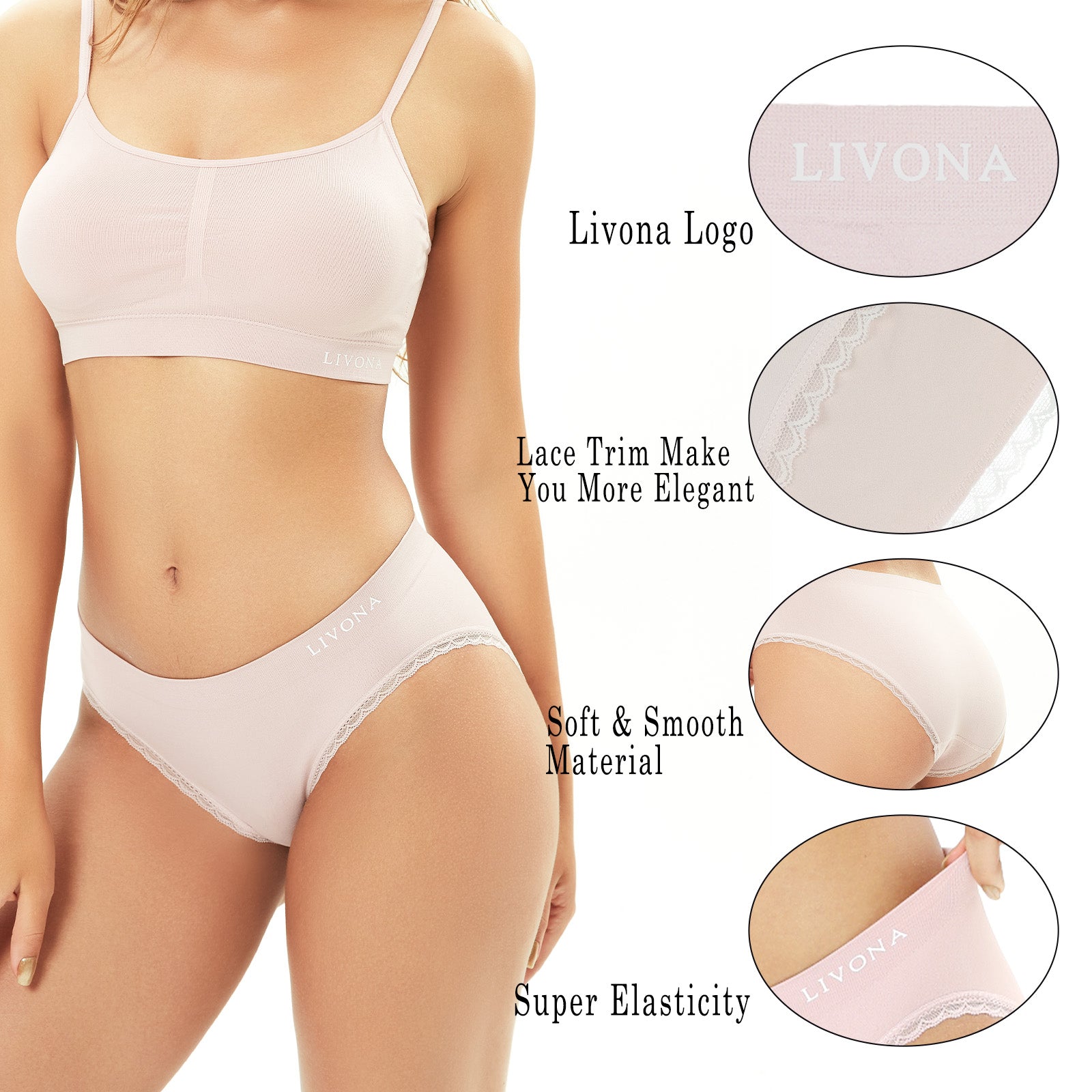 Livona 6 Pack Women's Seamless Underwear with lace-Breathable High Cut Bikini NoShow Panty Soft Stretch Brief Invisible Hipster